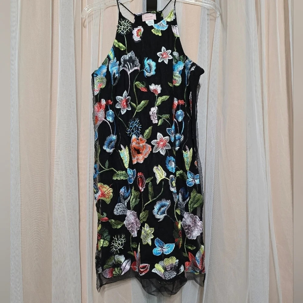 Love Ady Floral Embroidered Mini Shift Dress w/ Tulle Mesh Overlay, EUC!